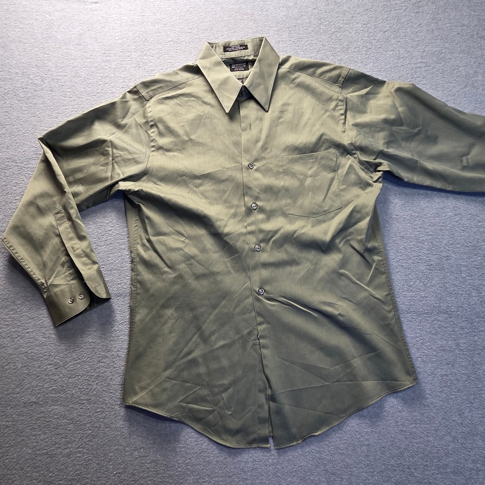 Arrow Dress Shirt Button Up Mens Large Olive Green Sateen Wrinkle Free Fitted